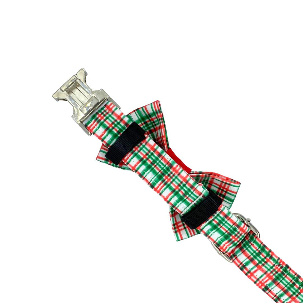 Back of Tartan Christamas dog bow tie attached to collar