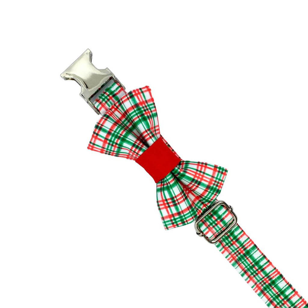 Tartan Christamas dog bow tie attached to collar