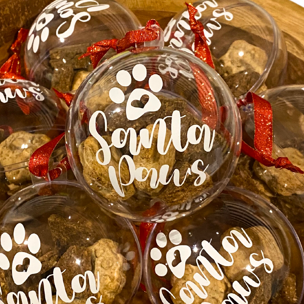 bowl full of Christmas dog treat baubles
