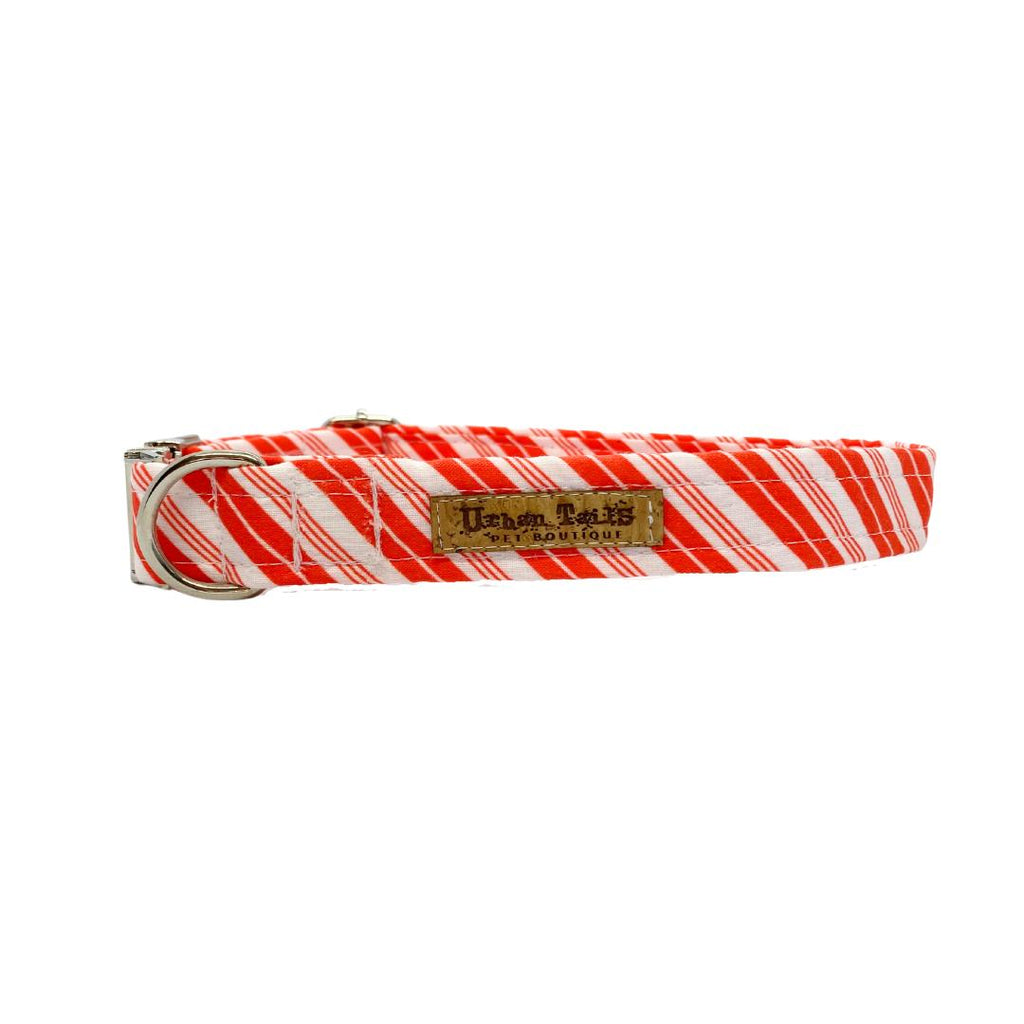 Candy cane striped dog collar with vegan leather tag
