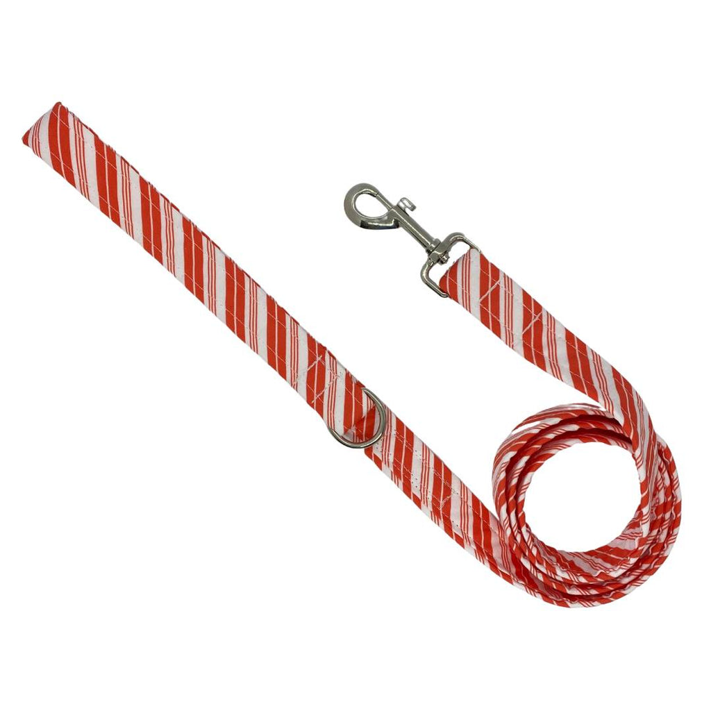 Candy cane striped fabric dog leash with d-ring for accessory attachment