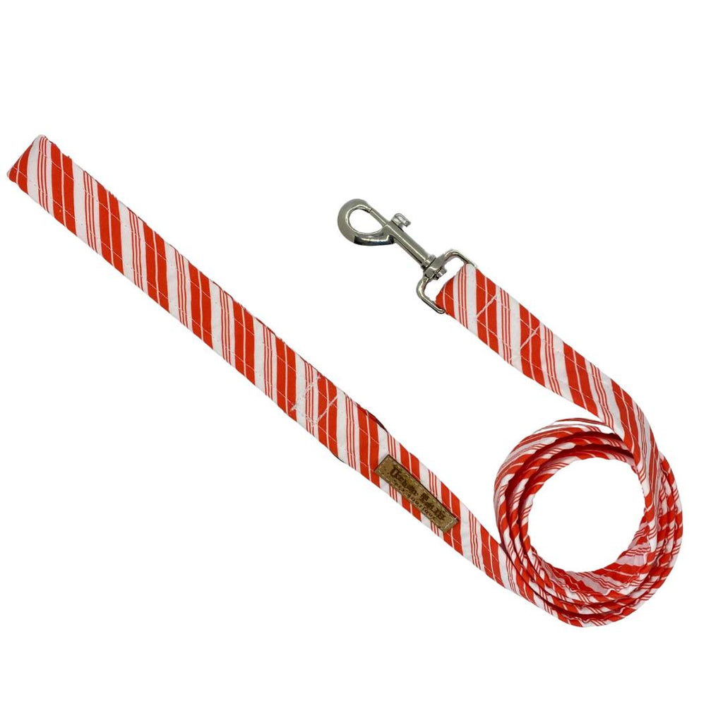Candy cane striped fabric dog leash with vegan cork tag