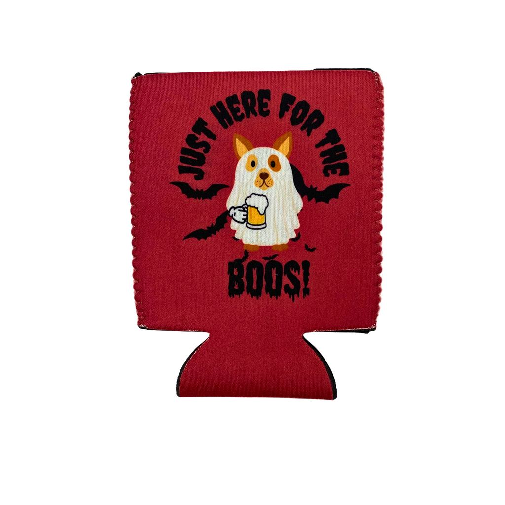 Just here fir the boos ghost dog Halloween koozie in blood red