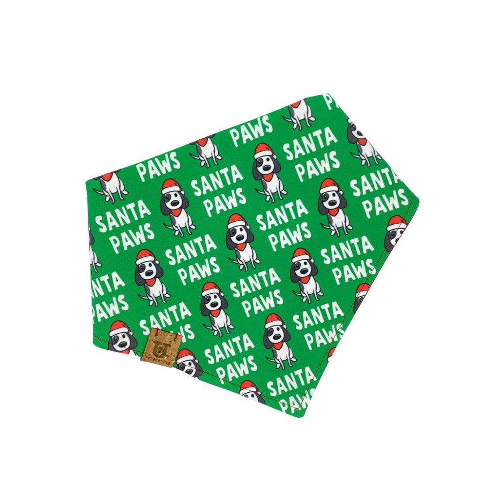 Green Santa Paws Christmas dog bandana with dogs in Santa hats