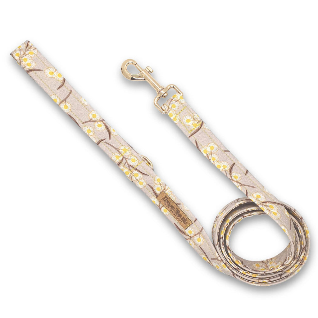 Golden Wattle fabric covered dog leash with vegan cork label