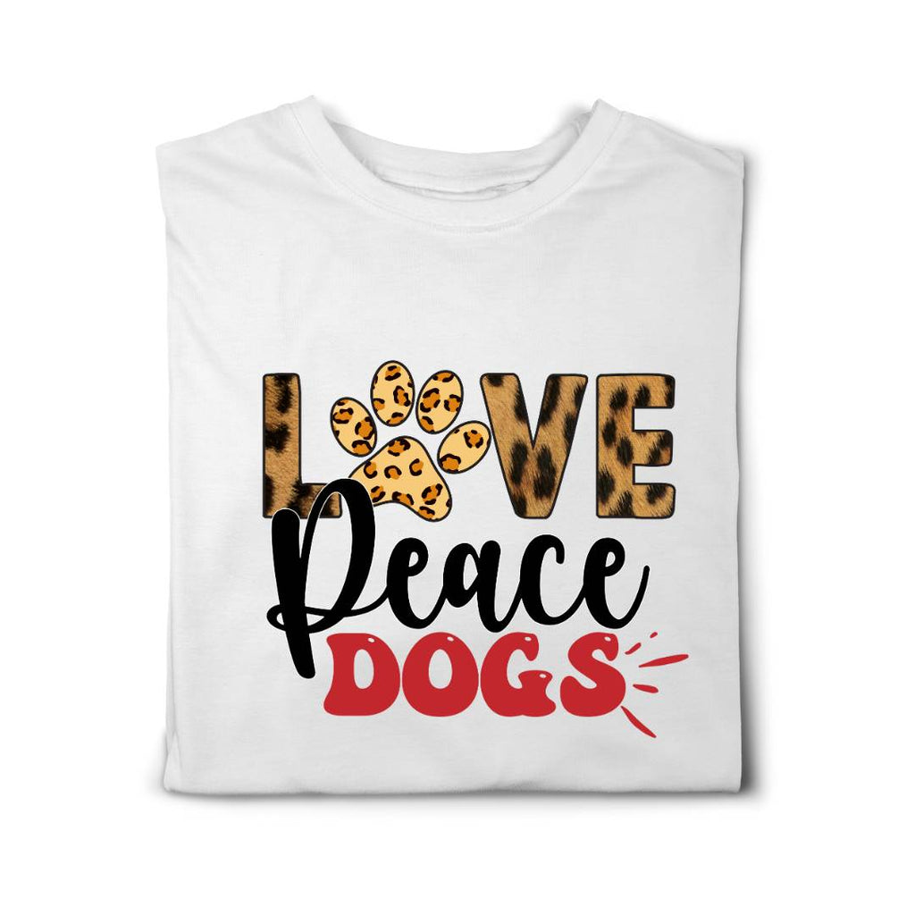Love, Peace, Dogs T-shirt with leopard print font