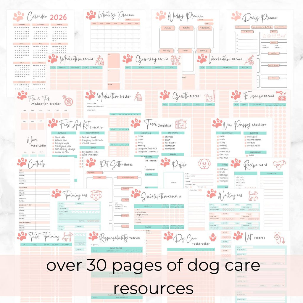 planner pages - 30 pages of dog care resources