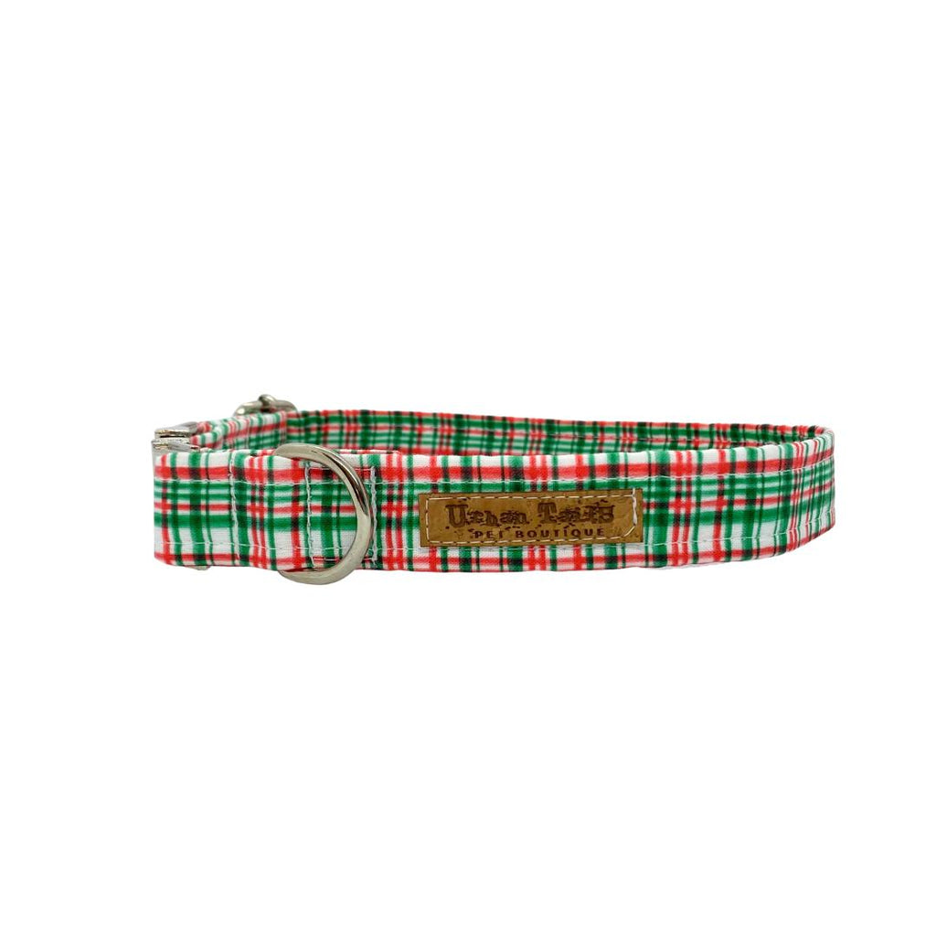 tartan christmas dog collar with vegan cork leather tag