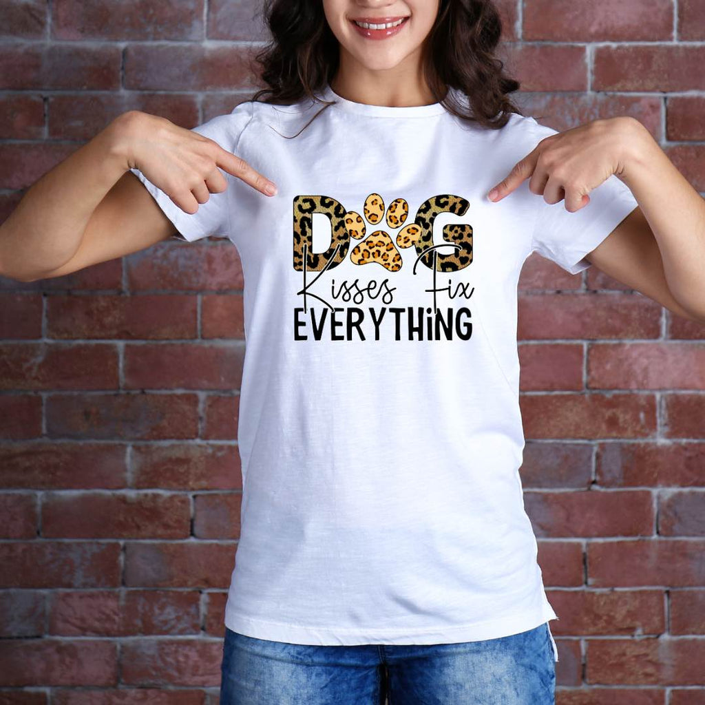 Girl wearing Dog Kisses Fix Everything T-shirt