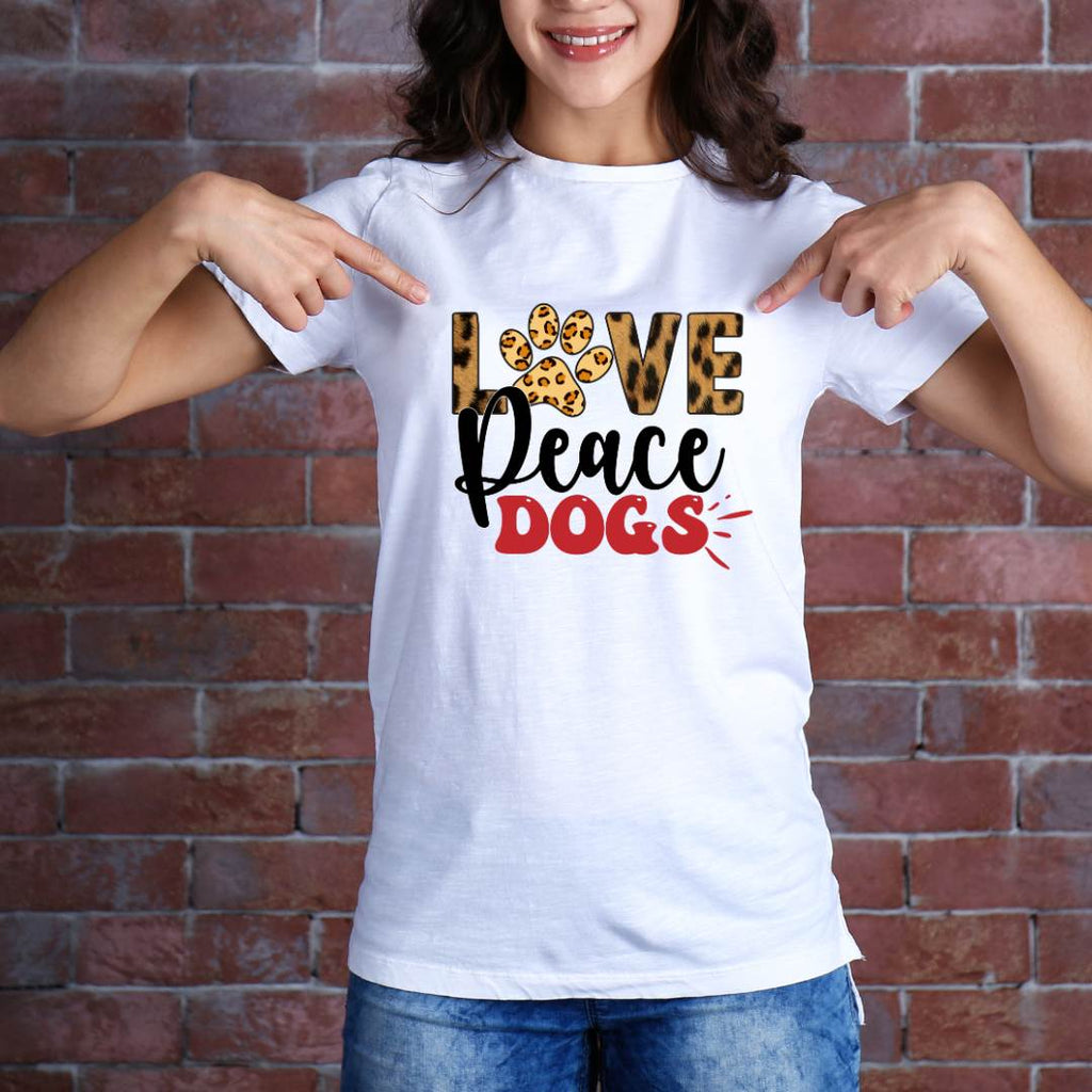 Girl wearing Love, Peace, Dogs T-shirt 