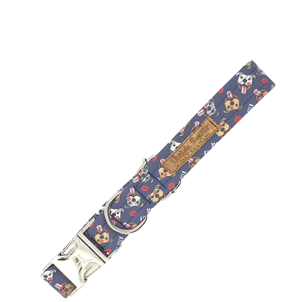 Handmade navy fabric dog collar with silver metal hardware and cute dog design