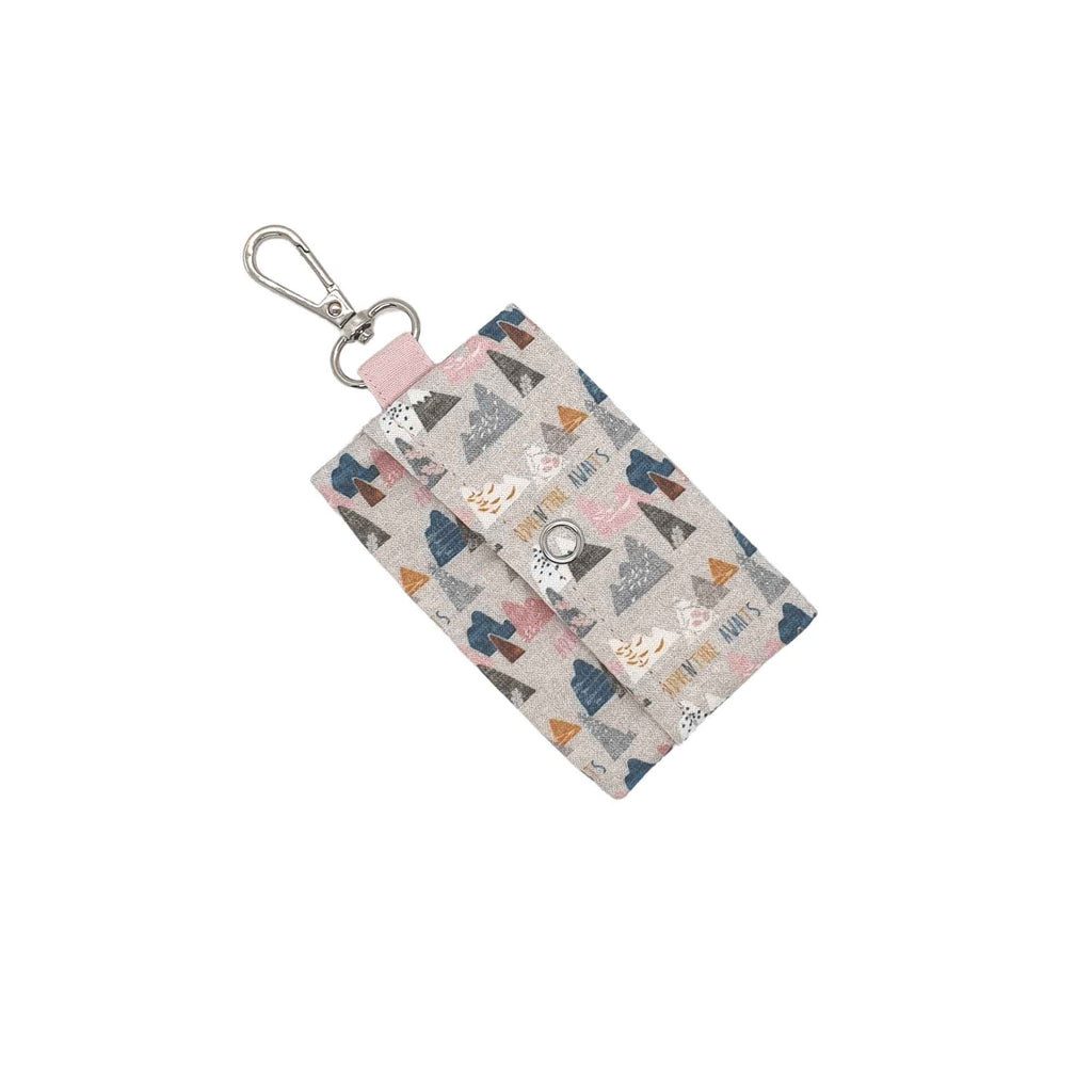 Back of Adventure Awaits poo bag holder with snap fastener closure in pink & grey