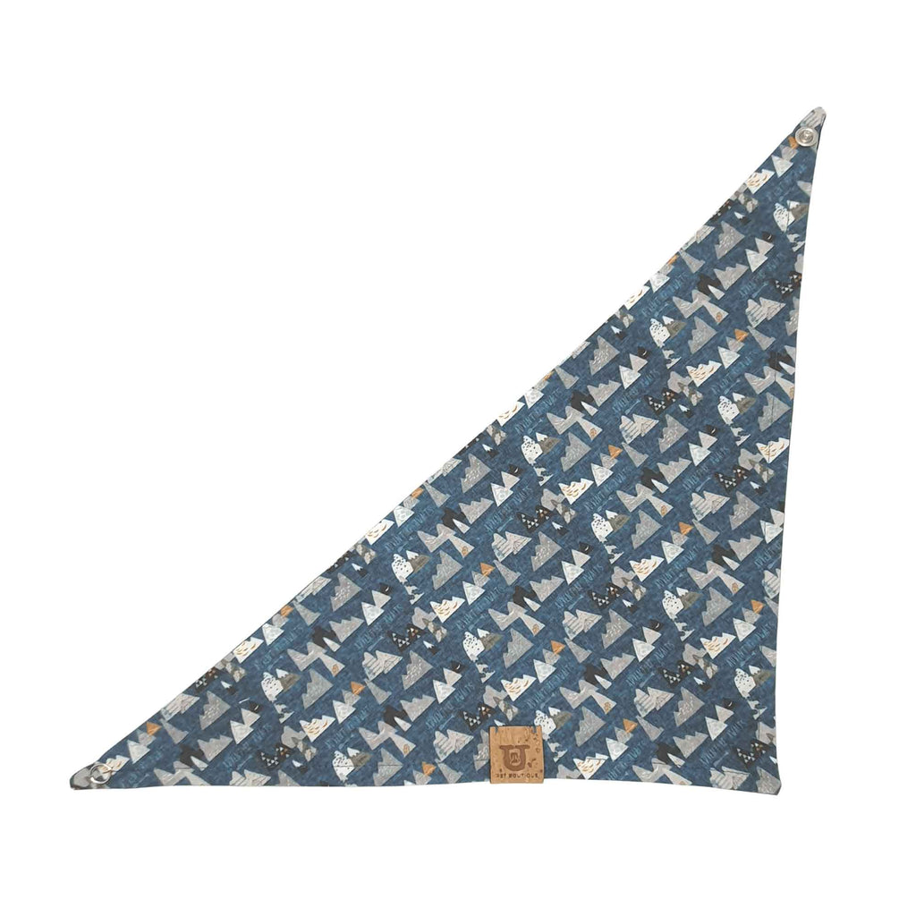 Mountain design snap on dog scarf with vegan cork tag in blue & grey