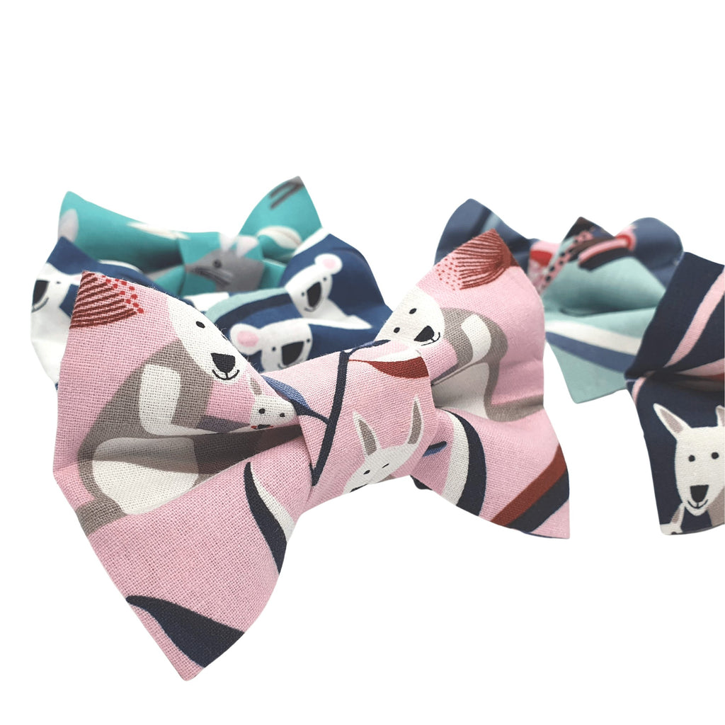 Selection of designer pet bowties featuring Aussie animal designs