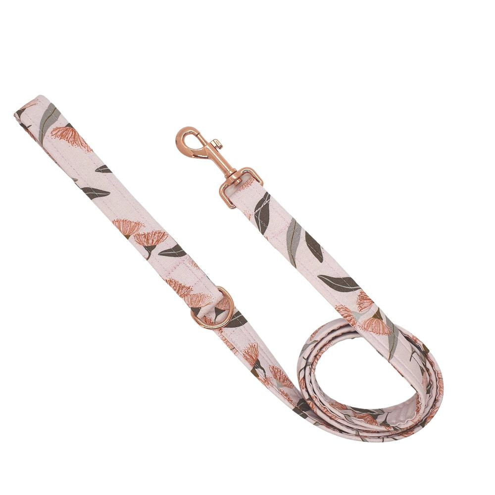 Pink eucalptus dog leash with d ring for attaching accessories