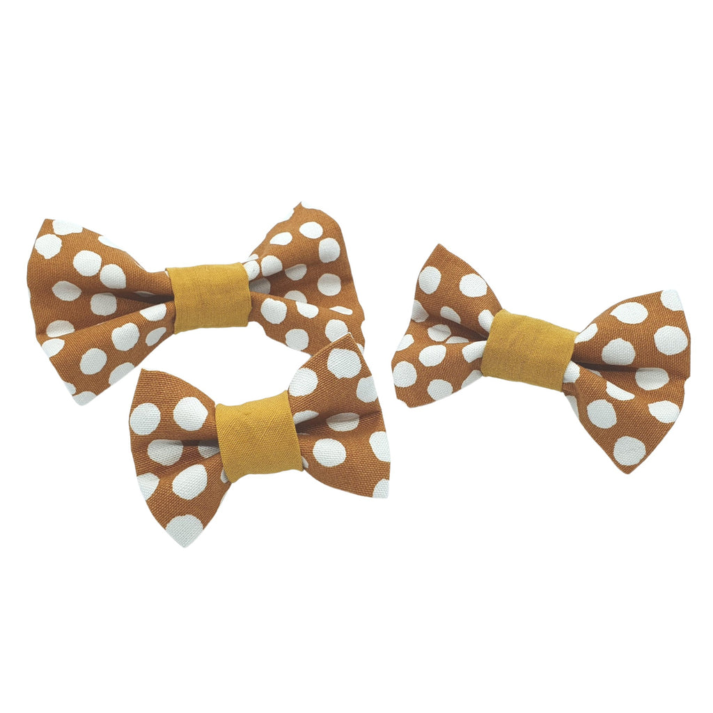 Mustard polka dot pet bowtie in 3 sizes