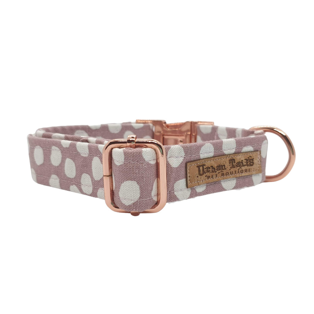 Pink polka dot dog collar with rose gold hardware