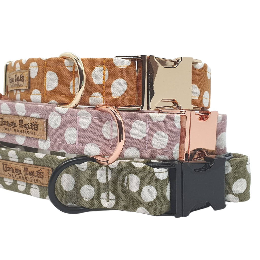 3 polka dot dog collars in mustard, pink and olive green 
