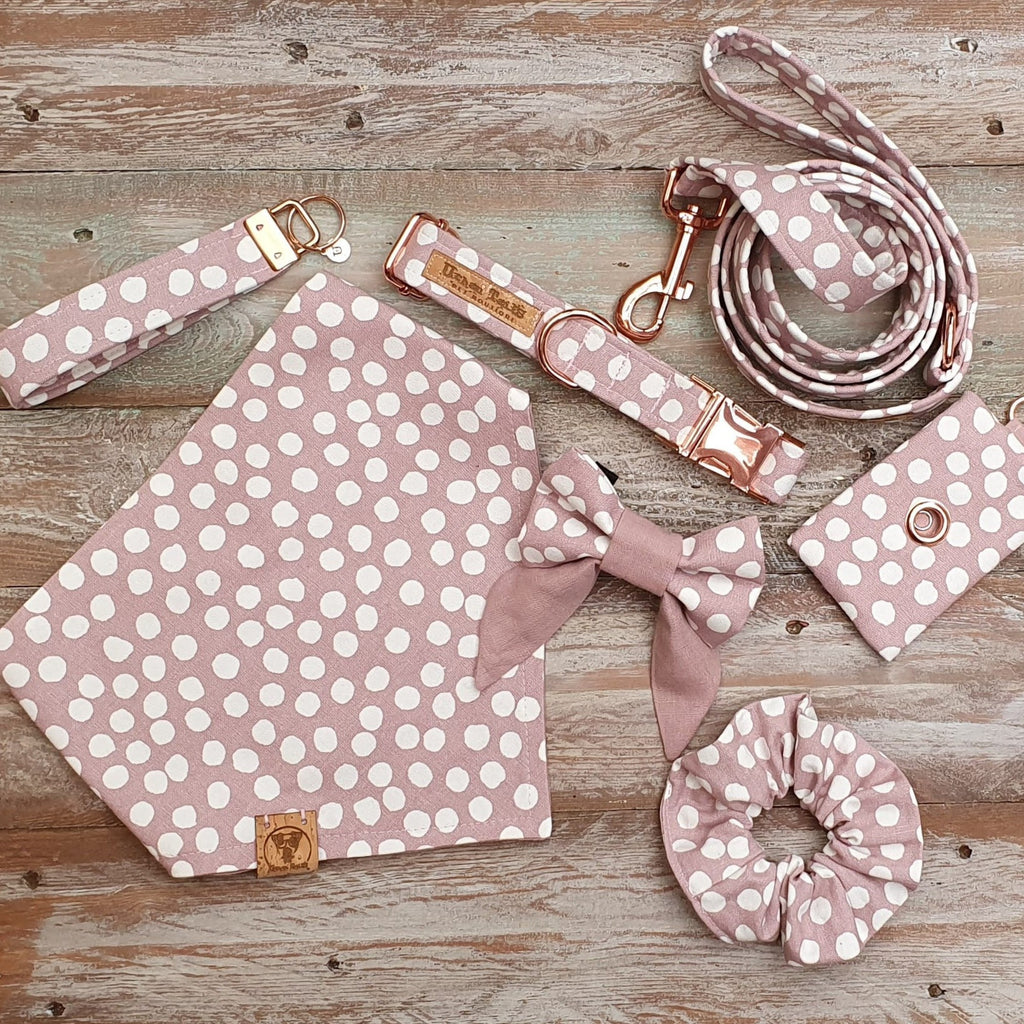 Full matching set of polka dot dog accessories in pink and rose gold