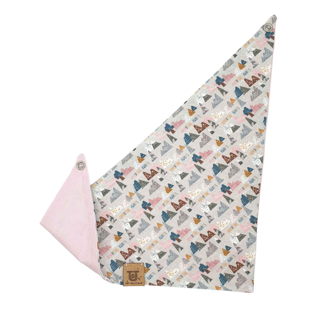 Reversible mountain design dog scarf with snap closure