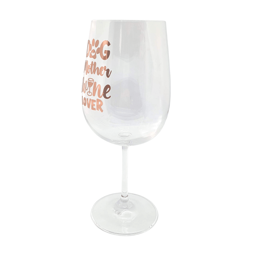 Side view of dog mum wine glass