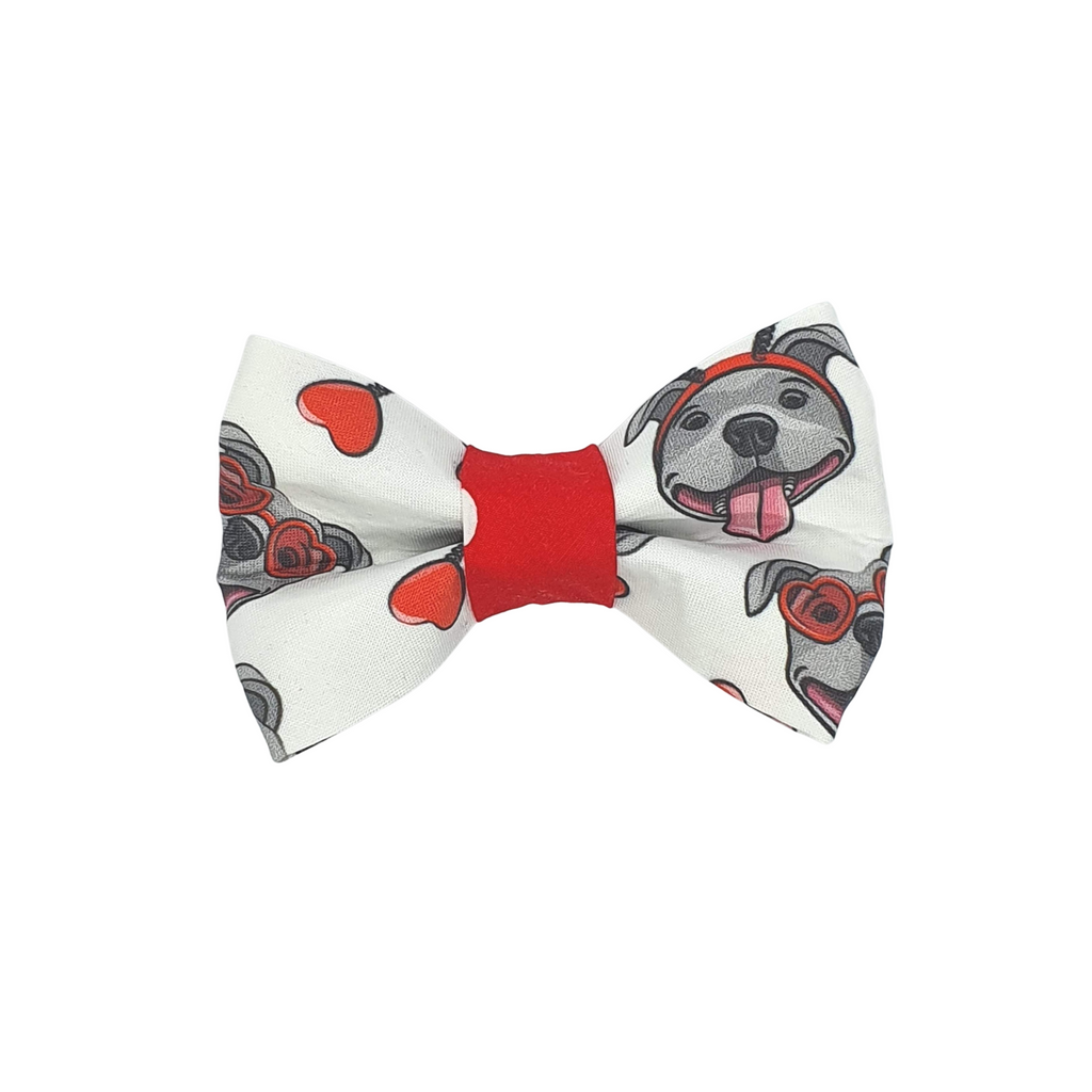 dog bow tie featuring staffies in heart shaped glasses and head boppers
