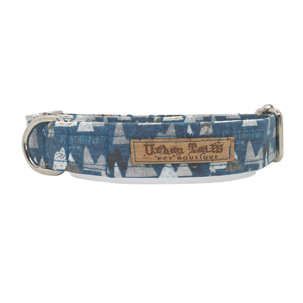 Mountain print cotton covered dog collar with vegan cork tag in blue & grey