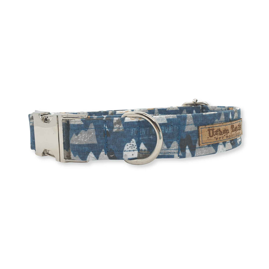 Mountain design handmade dog collar in blue and grey