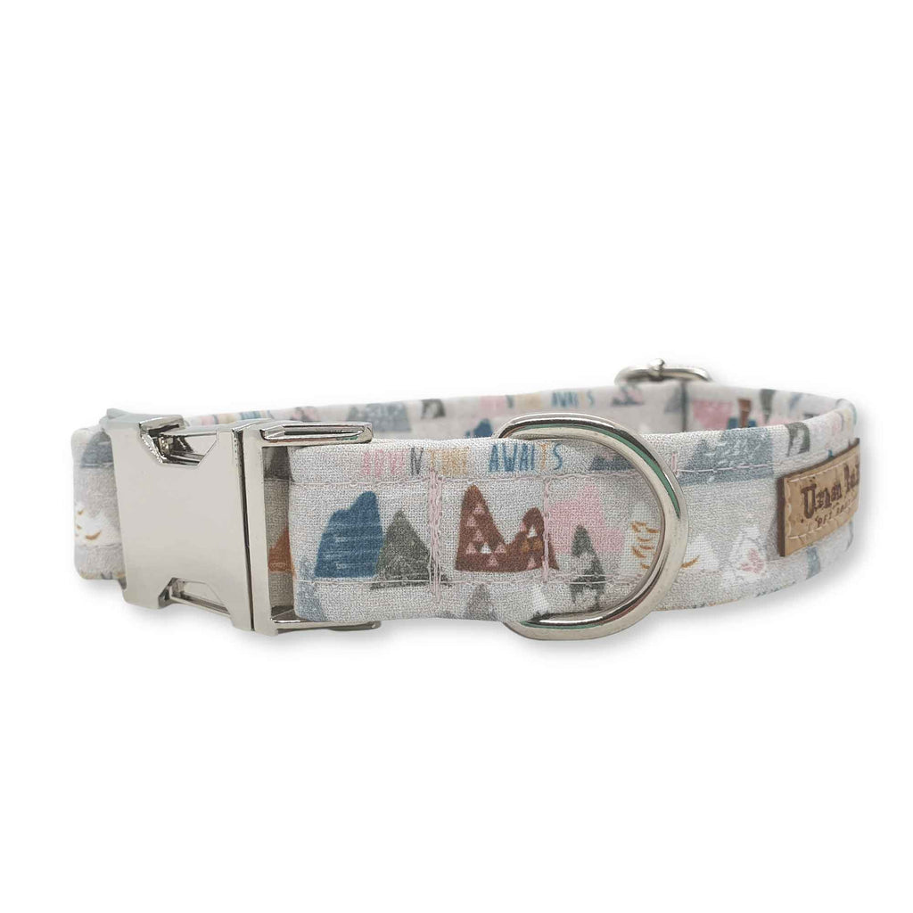 Grey & pink mountain design dog collar with silver metal quick release buckle and hardware