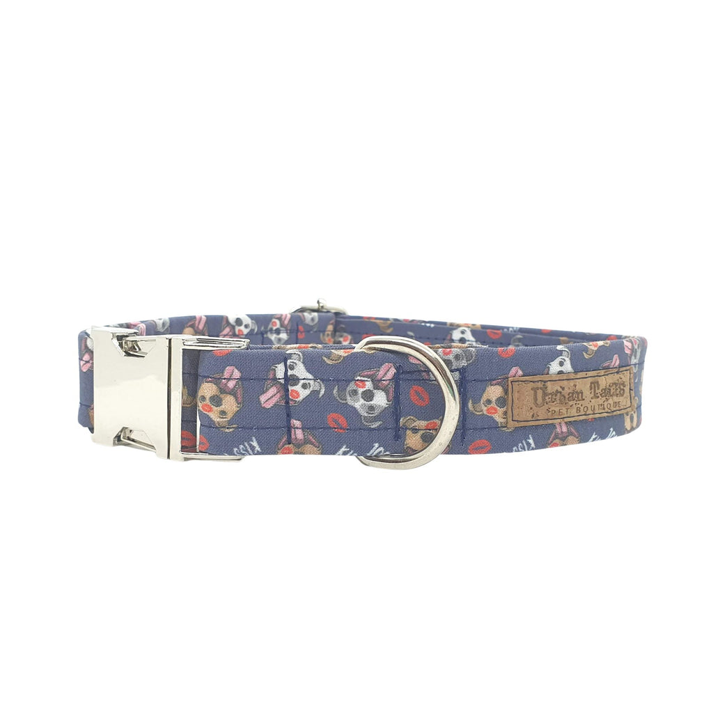Navy dog collar with cute staffy print and silver quick release buckle