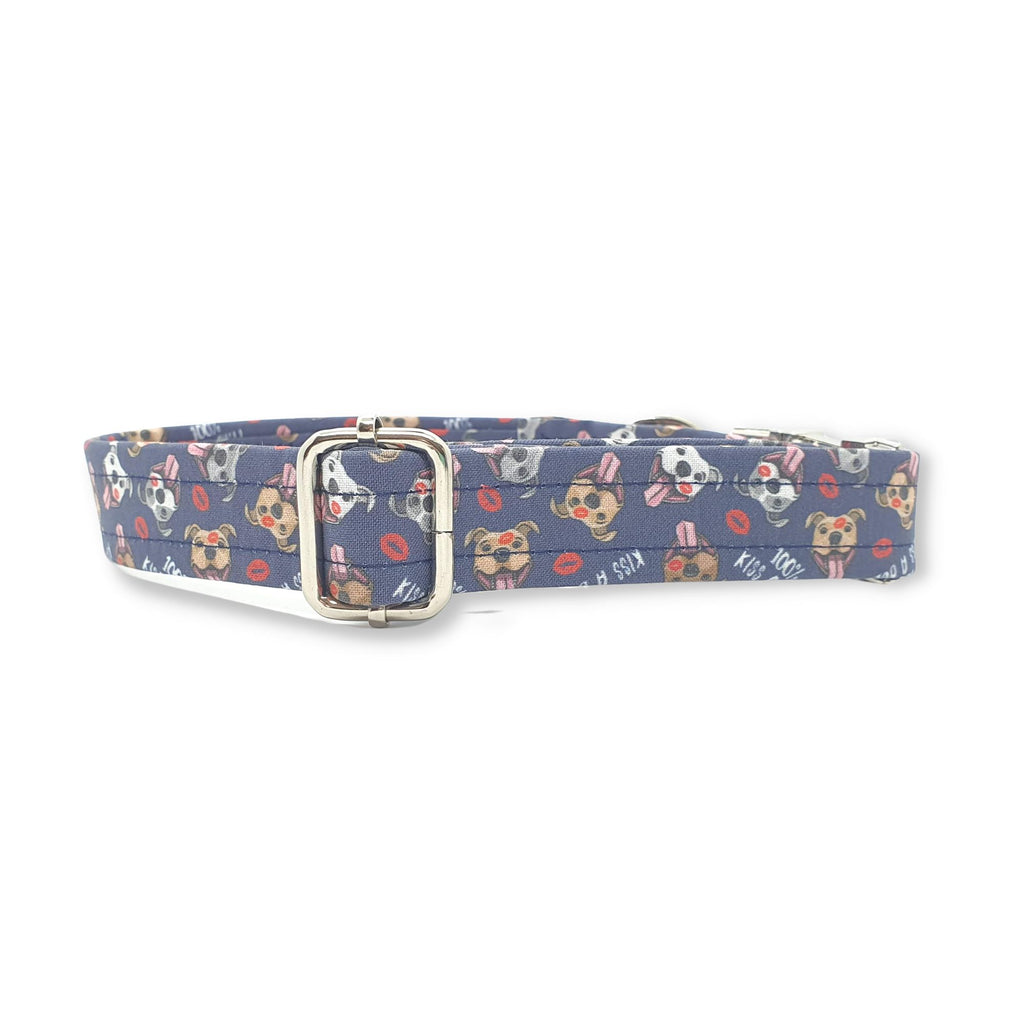 Adjustable cotton fabric covered dog collar with cute bully breed dog design in navy