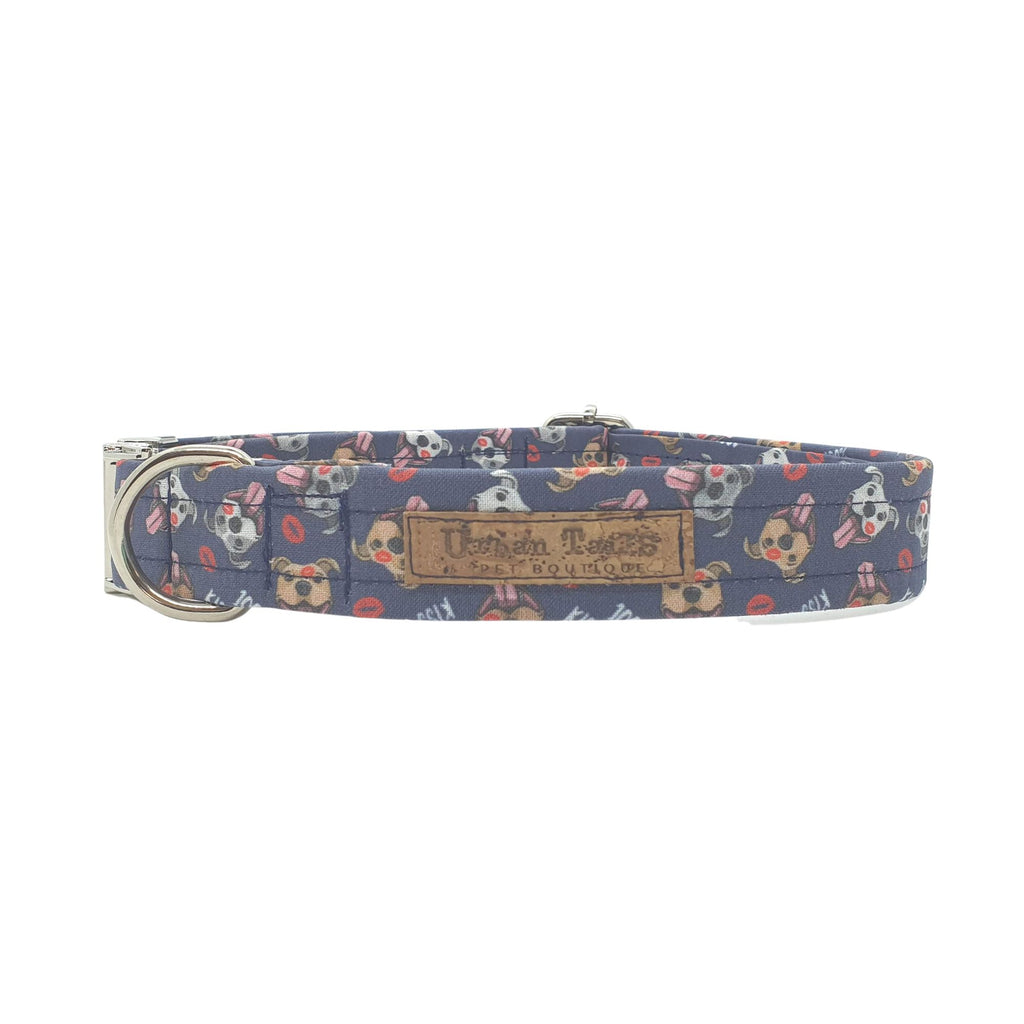 Cute pitbull/ staffy design collar with vegan cork leather tag in navy